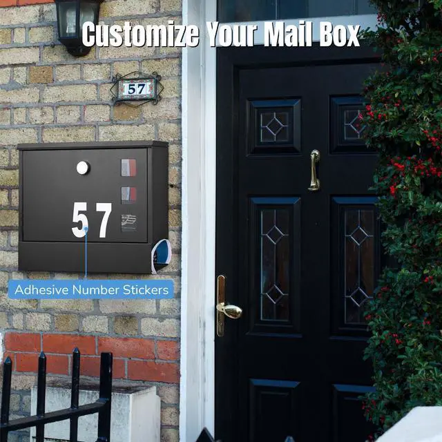 Alt view image 7 of 7 - Yescom Large Wall Mount Steel Mail Box Lockable Letterbox w/ Door & 2 Keys Home Post Security Outdoor, Black
