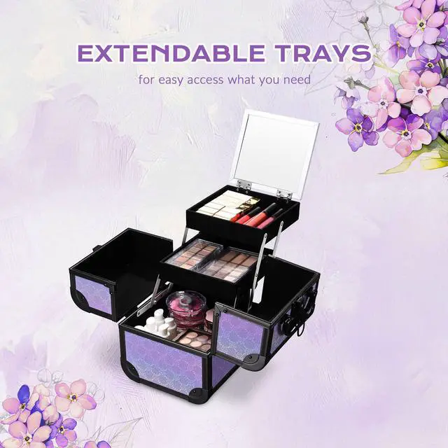 Alt view image 5 of 7 - Byootique Portable Rolling Nail Table Kit with Makeup Train Case Aluminum Purple