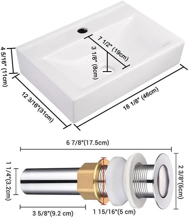 Alt view image 7 of 7 - Aquaterior 18" Rectangle Bathroom Vessel Sink Pop up Drain Ceramic Basin 2 Pack