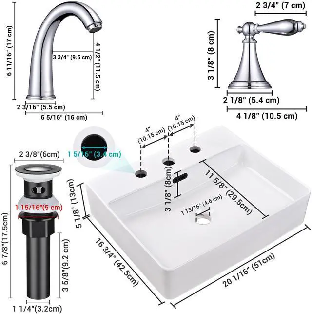 Alt view image 7 of 7 - Aquaterior Rectangle Ceramic Sink Bathroom Countertop Basin with Faucet Drain