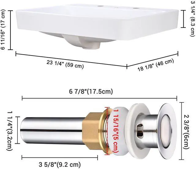 Alt view image 7 of 7 - Aquaterior 23" Vessel Sink Drop in Ceramic Basin Pop up Drain Bathroom 2 Pack