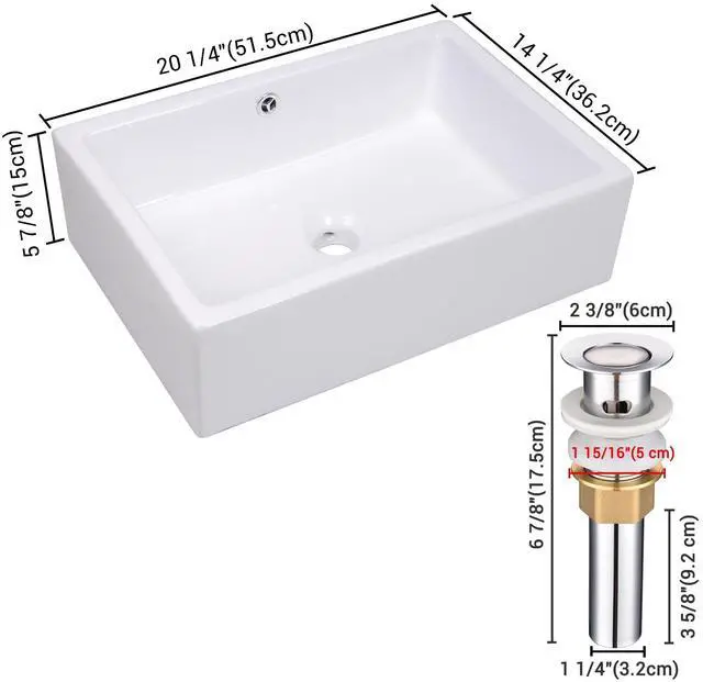 Alt view image 7 of 7 - Aquaterior 20-2/7"x14-1/4"x6" Rectangle White Porcelain Ceramic Bathroom Sink w/ Free Chrome Drain and Overflow