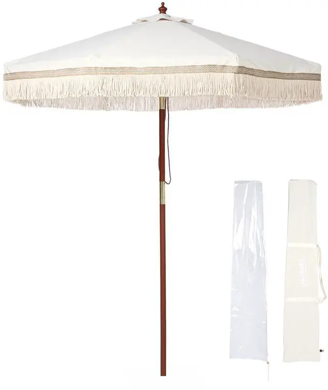 Main image of LAGarden 7' Patio Beige Umbrella with Tassels UPF50+ Boho Style 5-Year-Non-Fading for Outdoor,Model:BH7W-01P