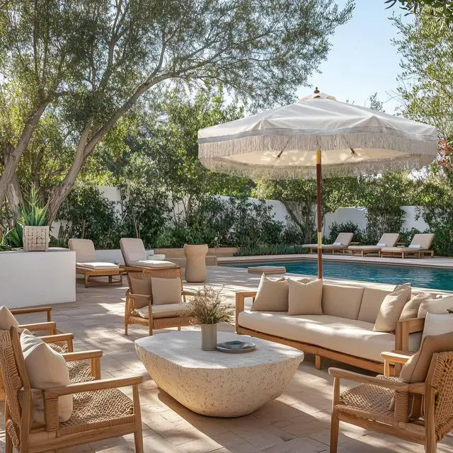 Alt view image 2 of 7 - LAGarden 7' Patio Beige Umbrella with Tassels UPF50+ Boho Style 5-Year-Non-Fading for Outdoor,Model:BH7W-01P