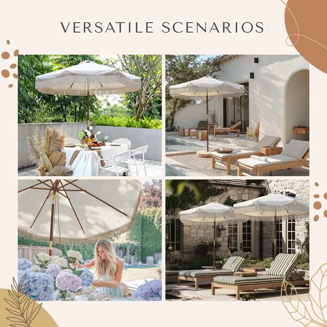 Alt view image 3 of 7 - LAGarden 7' Patio Beige Umbrella with Tassels UPF50+ Boho Style 5-Year-Non-Fading for Outdoor,Model:BH7W-01P