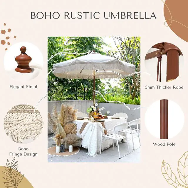 Alt view image 4 of 7 - LAGarden 7' Patio Beige Umbrella with Tassels UPF50+ Boho Style 5-Year-Non-Fading for Outdoor,Model:BH7W-01P
