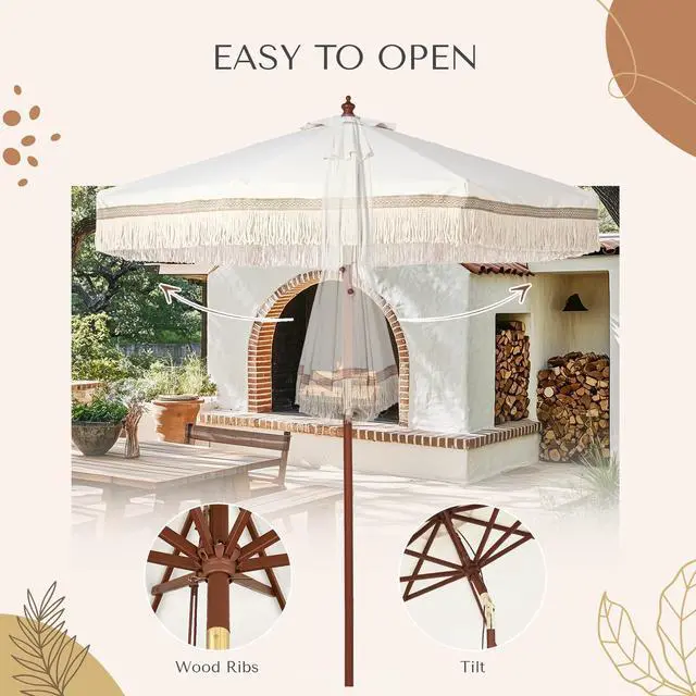 Alt view image 6 of 7 - LAGarden 7' Patio Beige Umbrella with Tassels UPF50+ Boho Style 5-Year-Non-Fading for Outdoor,Model:BH7W-01P