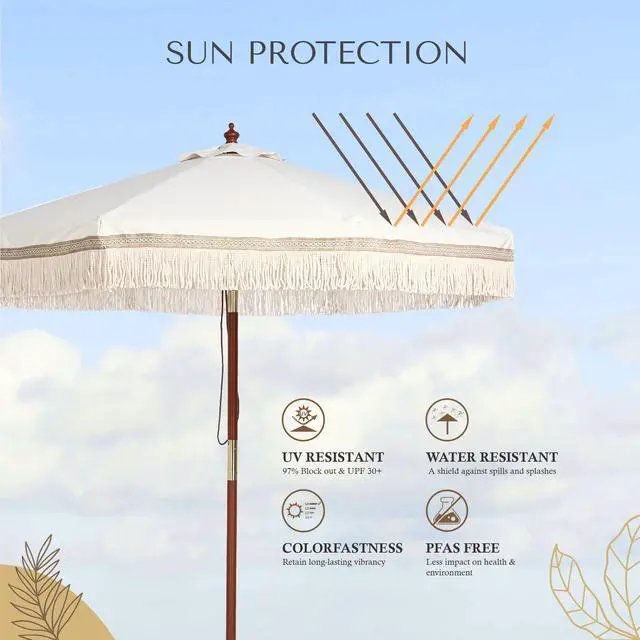Alt view image 5 of 7 - LAGarden 7' Patio Beige Umbrella with Tassels UPF50+ Boho Style 5-Year-Non-Fading for Outdoor,Model:BH7W-01P