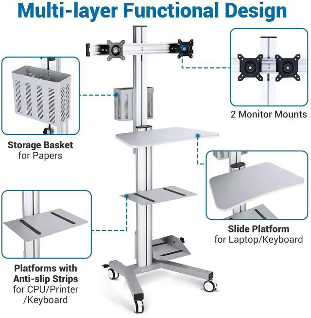 Alt view image 5 of 7 - Yescom Desktop PC Mobile Cart for Dual Monitor Wheel Printer Computer Desk Workstation