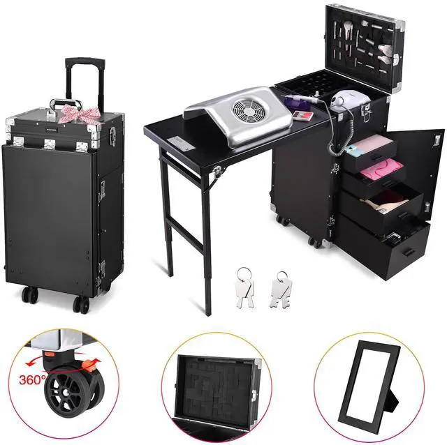 Alt view image 2 of 7 - Byootique Portable Manicure Table Desk for Nail Tech Organizer Rolling Makeup Case with Wheels and Telescopic Handle for Manicurist Technician, Black