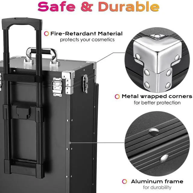 Alt view image 3 of 7 - Byootique Portable Manicure Table Desk for Nail Tech Organizer Rolling Makeup Case with Wheels and Telescopic Handle for Manicurist Technician, Black