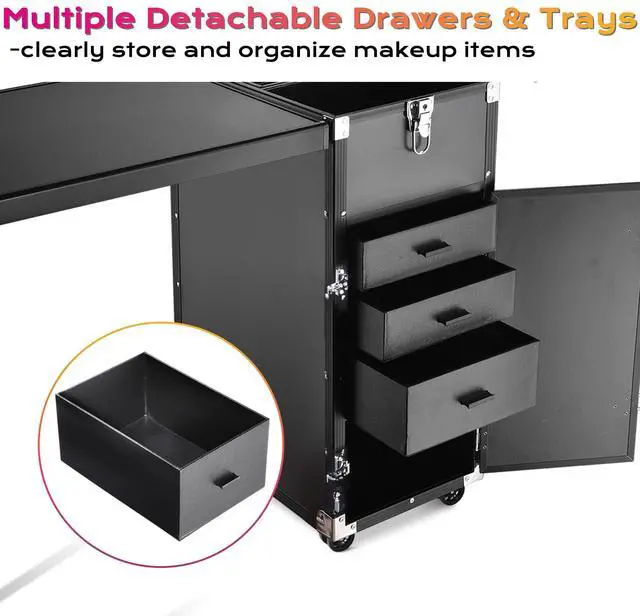 Alt view image 6 of 7 - Byootique Portable Manicure Table Desk for Nail Tech Organizer Rolling Makeup Case with Wheels and Telescopic Handle for Manicurist Technician, Black