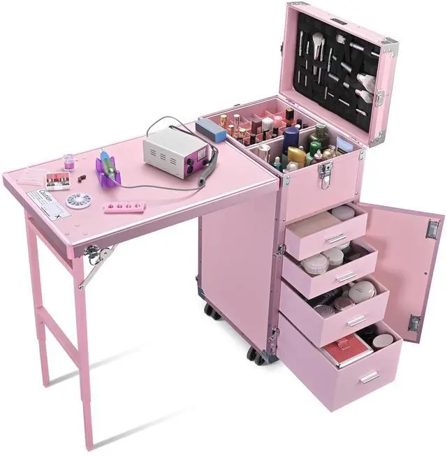 Alt view image 2 of 7 - Byootique Nail Desk Mobile Station Rolling Makeup Train Case Manicure Table with Telescopic Handle, Pink