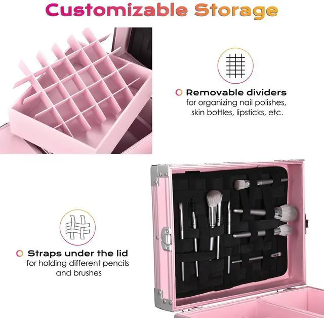 Alt view image 5 of 7 - Byootique Nail Desk Mobile Station Rolling Makeup Train Case Manicure Table with Telescopic Handle, Pink