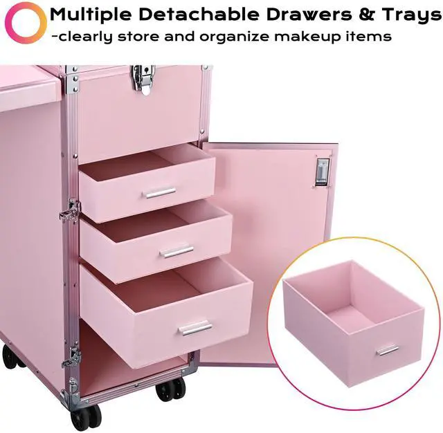 Alt view image 6 of 7 - Byootique Nail Desk Mobile Station Rolling Makeup Train Case Manicure Table with Telescopic Handle, Pink