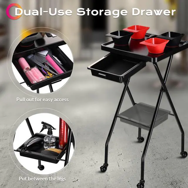 Alt view image 7 of 7 - Byootique Folding Salon Tray on Wheels w/ 4 Magnetic Bowls Drawer Hair Stylist