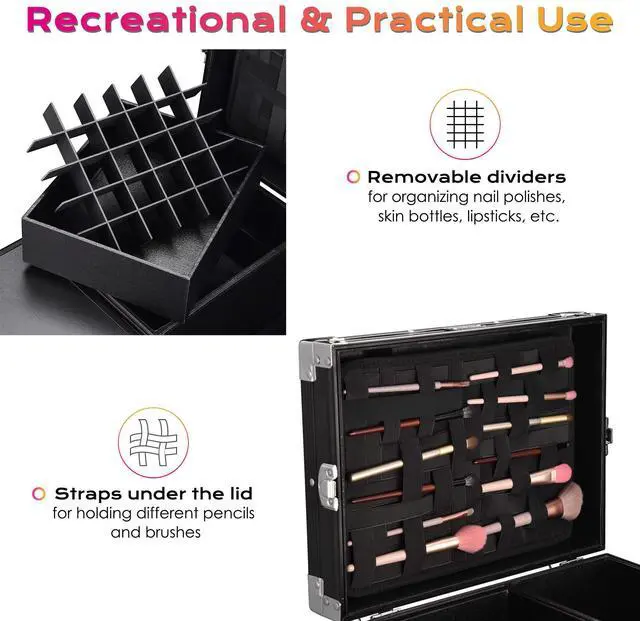 Alt view image 5 of 7 - Byootique Portable Manicure Table Desk for Nail Tech Organizer Rolling Makeup Case with Wheels and Telescopic Handle for Manicurist Technician, Black