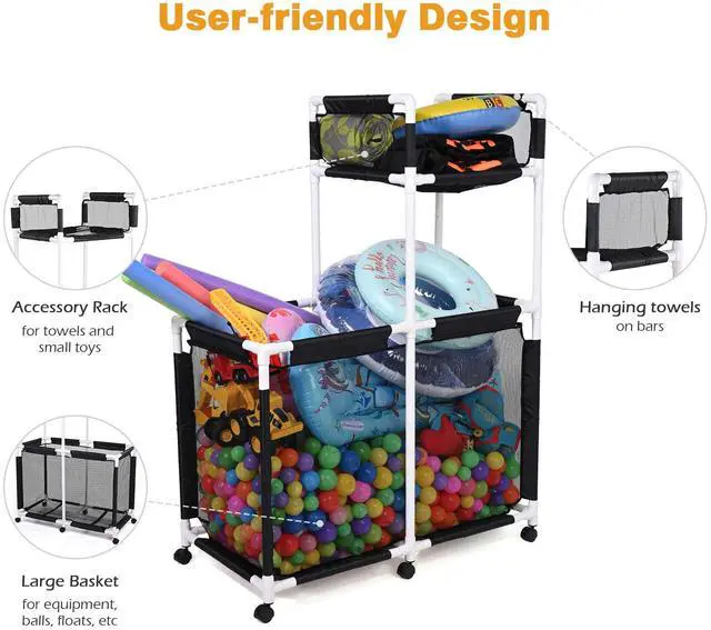 Alt view image 3 of 7 - Yescom Extra Large Mesh Pool Storage Bin Noodles Holder Toys Organizer,Rolling 6 Wheels,Double Decker Cart