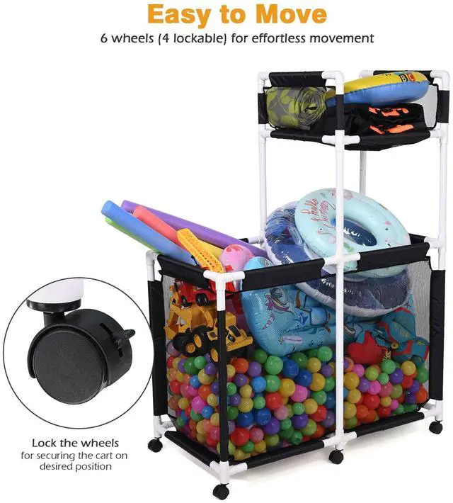 Alt view image 4 of 7 - Yescom Extra Large Mesh Pool Storage Bin Noodles Holder Toys Organizer,Rolling 6 Wheels,Double Decker Cart