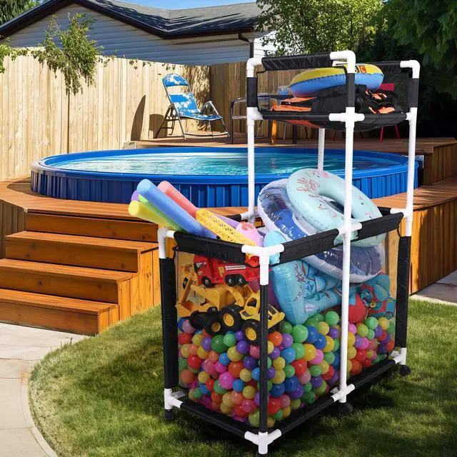 Alt view image 7 of 7 - Yescom Extra Large Mesh Pool Storage Bin Noodles Holder Toys Organizer,Rolling 6 Wheels,Double Decker Cart