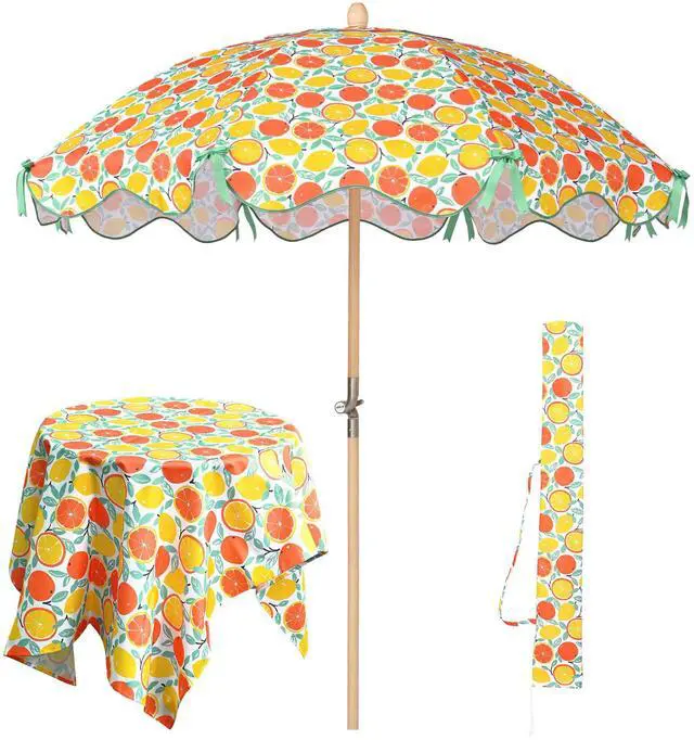 Main image of LAGarden Our Beach Umbrella for 6ft Beech Wood Pole w/ Tablecloth Printed Orange Grapefruit for Outdoor Garden Summer Event Planning Small Patio Balcony
