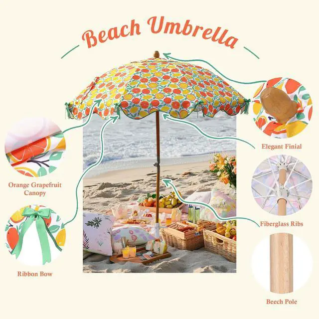Alt view image 4 of 7 - LAGarden Our Beach Umbrella for 6ft Beech Wood Pole w/ Tablecloth Printed Orange Grapefruit for Outdoor Garden Summer Event Planning Small Patio Balcony
