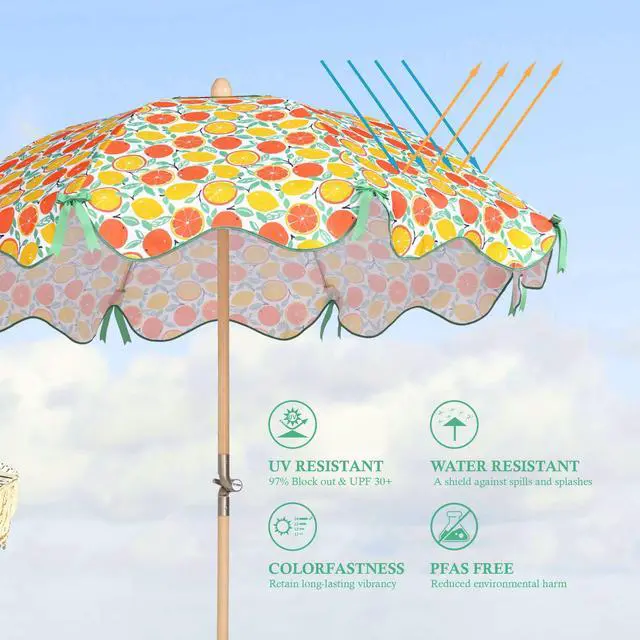 Alt view image 5 of 7 - LAGarden Our Beach Umbrella for 6ft Beech Wood Pole w/ Tablecloth Printed Orange Grapefruit for Outdoor Garden Summer Event Planning Small Patio Balcony