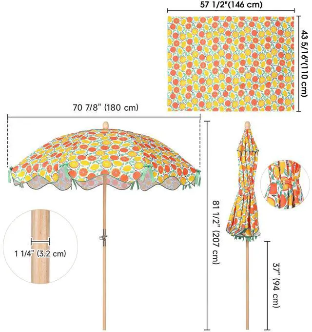 Alt view image 7 of 7 - LAGarden Our Beach Umbrella for 6ft Beech Wood Pole w/ Tablecloth Printed Orange Grapefruit for Outdoor Garden Summer Event Planning Small Patio Balcony