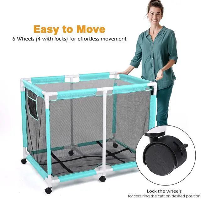 Alt view image 5 of 7 - Yescom Extra Large Mesh Pool Storage Bin 214 Gallon Noodles Holder Toys Organizer 6 Wheels Rolling Cart Blue