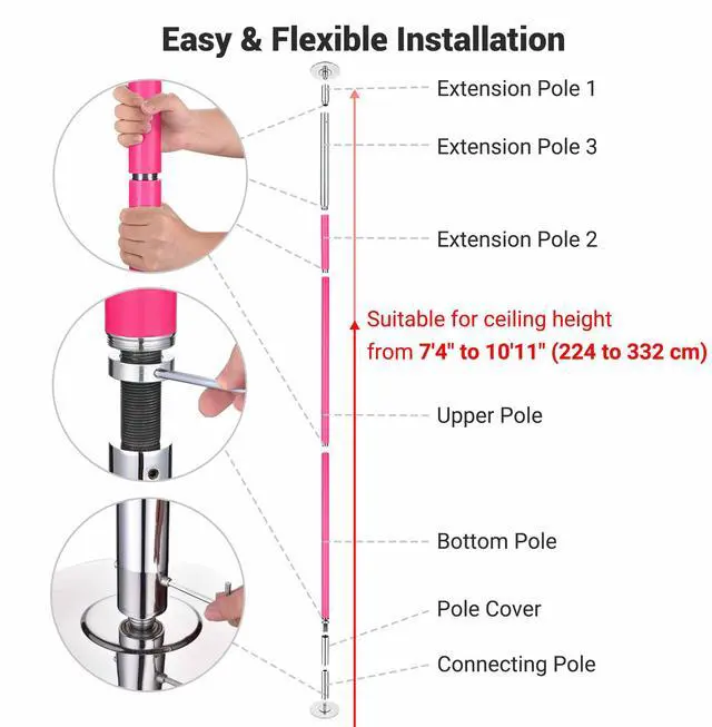 Alt view image 2 of 7 - Yescom 10.9 Ft Static Spinning Dancing Pole Kit 45mm Silicone Party Club Exercise Pink