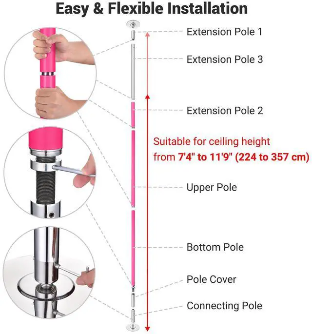 Alt view image 2 of 6 - Yescom 11.7 Ft Static Spinning Dancing Pole Kit 45mm Silicone Party Club Exercise Pink