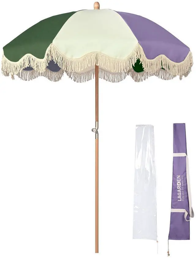 Main image of LAGarden Palm Springs 6Ft Patio Fringe Umbrella with Tassel Carry Bag Outdoor Vintage Wood Garden Parasol Purple Green