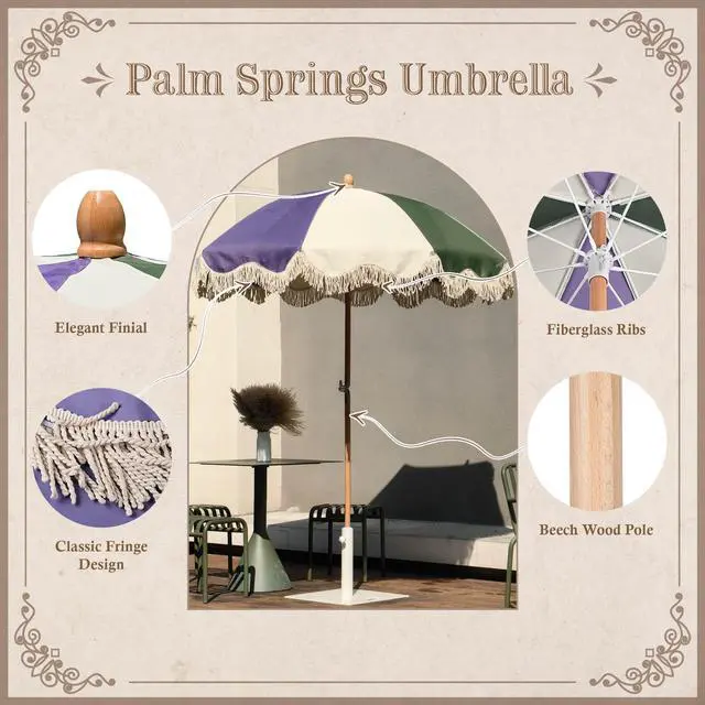 Alt view image 3 of 7 - LAGarden Palm Springs 6Ft Patio Fringe Umbrella with Tassel Carry Bag Outdoor Vintage Wood Garden Parasol Purple Green