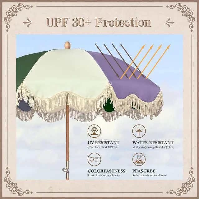 Alt view image 4 of 7 - LAGarden Palm Springs 6Ft Patio Fringe Umbrella with Tassel Carry Bag Outdoor Vintage Wood Garden Parasol Purple Green