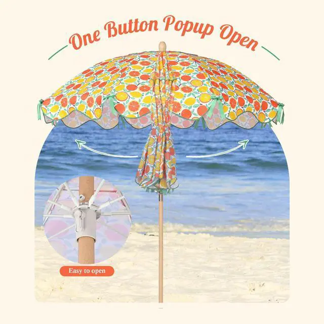 Alt view image 6 of 7 - LAGarden Our Beach Portable Umbrella for Sand Beech Wood Pole Carry Bag with Printed Orange Grapefruit Cute Garden Parasol