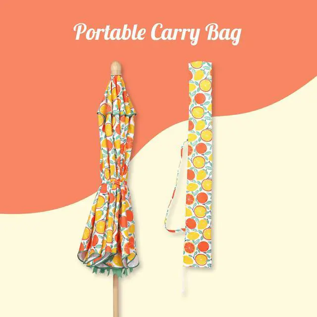 Alt view image 7 of 7 - LAGarden Our Beach Portable Umbrella for Sand Beech Wood Pole Carry Bag with Printed Orange Grapefruit Cute Garden Parasol