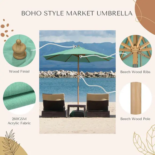Alt view image 5 of 7 - LAGarden 9Ft Patio BOHO Market Patio Umbrella 260GSM Acrylic Fabric 5-Year-Non-Fading Resort Outdoor Market Peppermint Green