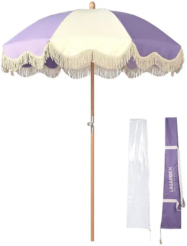 Main image of LAGarden Palm Springs 6Ft Patio Floral Fringe Umbrella with Tassel Carry Bag Outdoor Vintage Wood Garden Parasol Purple