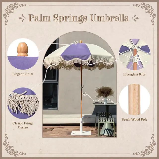 Alt view image 3 of 7 - LAGarden Palm Springs 6Ft Patio Floral Fringe Umbrella with Tassel Carry Bag Outdoor Vintage Wood Garden Parasol Purple