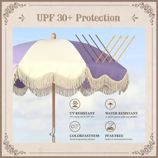 Alt view image 4 of 7 - LAGarden Palm Springs 6Ft Patio Floral Fringe Umbrella with Tassel Carry Bag Outdoor Vintage Wood Garden Parasol Purple