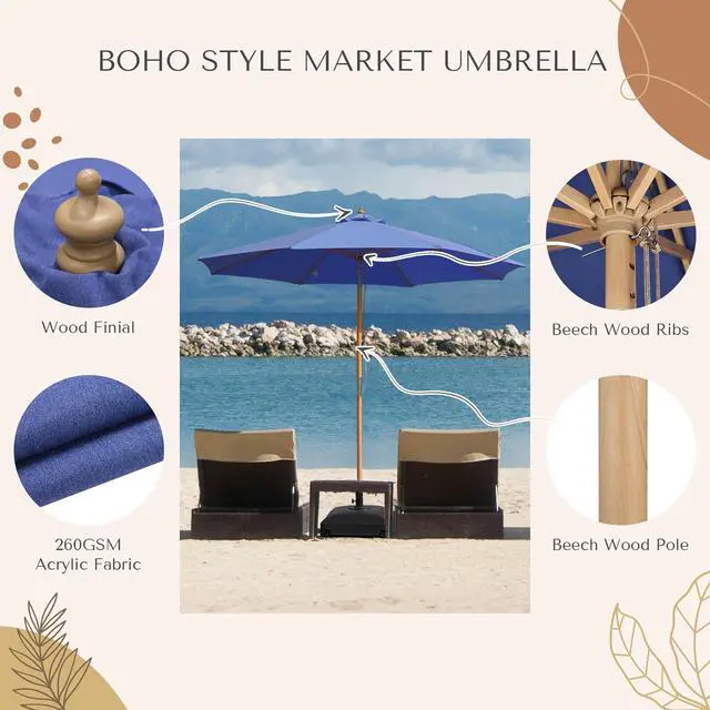 Alt view image 3 of 7 - LAGarden 9Ft Patio BOHO Market Patio Umbrella 260GSM Acrylic Fabric 5-Year-Non-Fading Resort Outdoor Market Hyacinth Blue