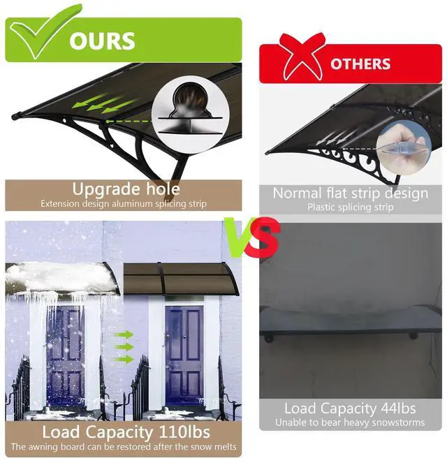 Alt view image 3 of 7 - Yescom 30"x120"  Window Awning Door Canopy Polycarbonate Anti-UV30+ Cover Outdoor Rain Snow Protection Patio Brown Board