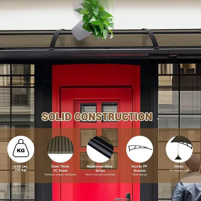 Alt view image 5 of 7 - Yescom 30"x120"  Window Awning Door Canopy Polycarbonate Anti-UV30+ Cover Outdoor Rain Snow Protection Patio Brown Board