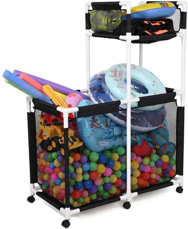 Alt view image 2 of 7 - Yescom Extra Large Mesh Pool Storage Bin Noodles Holder Toys Organizer,Rolling 6 Wheels,Double Decker Cart