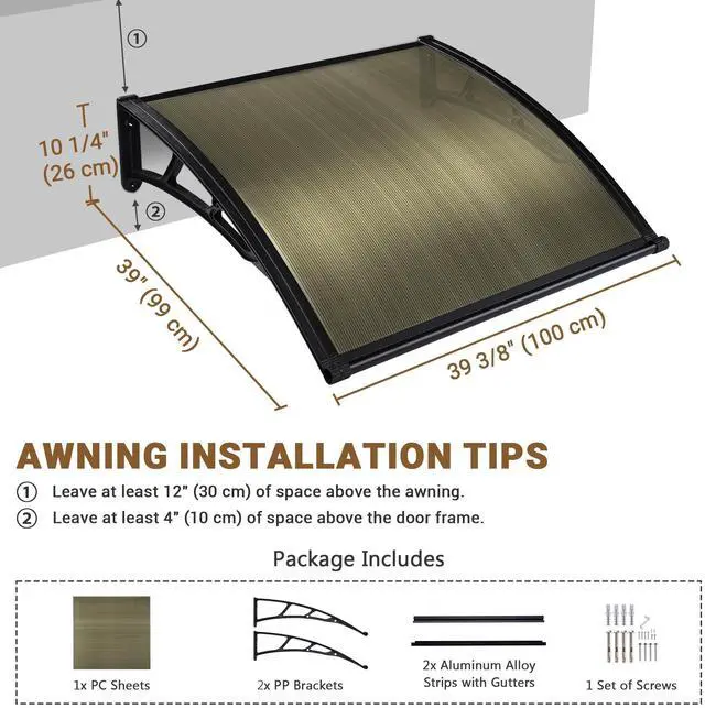 Alt view image 7 of 7 - Yescom 40"x40" Door Window Awning Whole One-piece Polycarbonate UV50+ Outdoor Rain Snow Protection Patio Brown Board