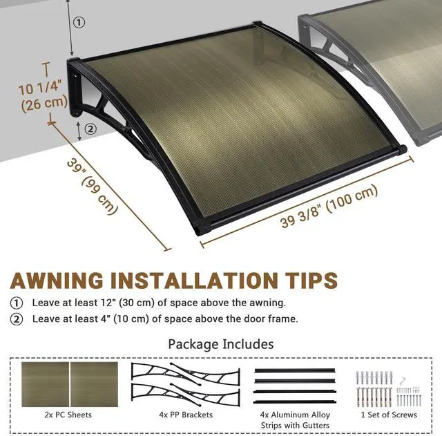 Alt view image 4 of 7 - Yescom 2Pcs 40"X40" Window Patio Awning Door Canopy Polycarbonate Anti-UV50+ Cover Outdoor Rain Snow Protection Brown