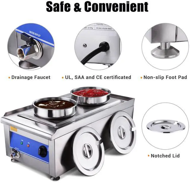 Alt view image 6 of 7 - 1200W Dual Pots Countertop Food Warmer Stainless Steel Commercial Bain Marie