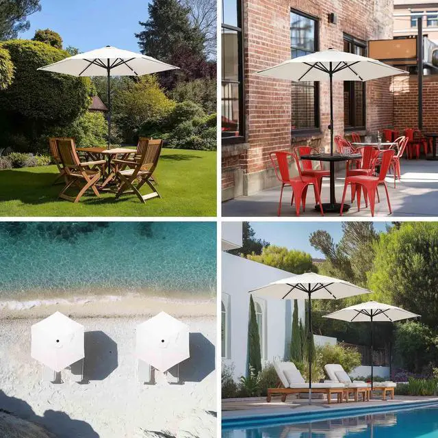 Alt view image 3 of 7 - Yescom 7.5 Ft Outdoor Patio Umbrella 6 Ribs with Scale Tilt Button Strap UV30+ Sunshade Garden Parasol for Yard Deck Market Pool Ivory