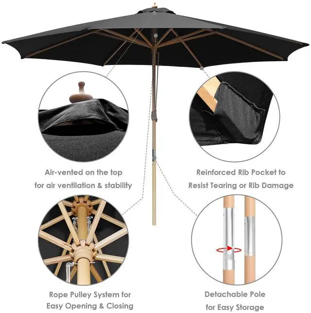 Alt view image 5 of 7 - Yescom 13FT Large Outdoor Patio Umbrella UV30+ Wood 8 Rib Pole for Table Beach Yard Garden Wedding Deck Cafe Pool Black