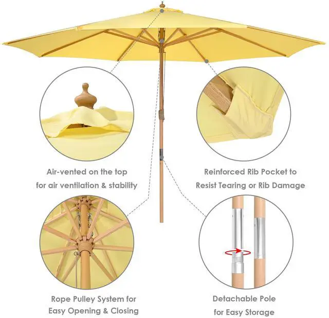 Alt view image 6 of 7 - Yescom 13FT Large Outdoor Patio Umbrella UV30+ Wood 8 Rib Pole for Table Beach Yard Garden Wedding Deck Cafe Pool Yellow